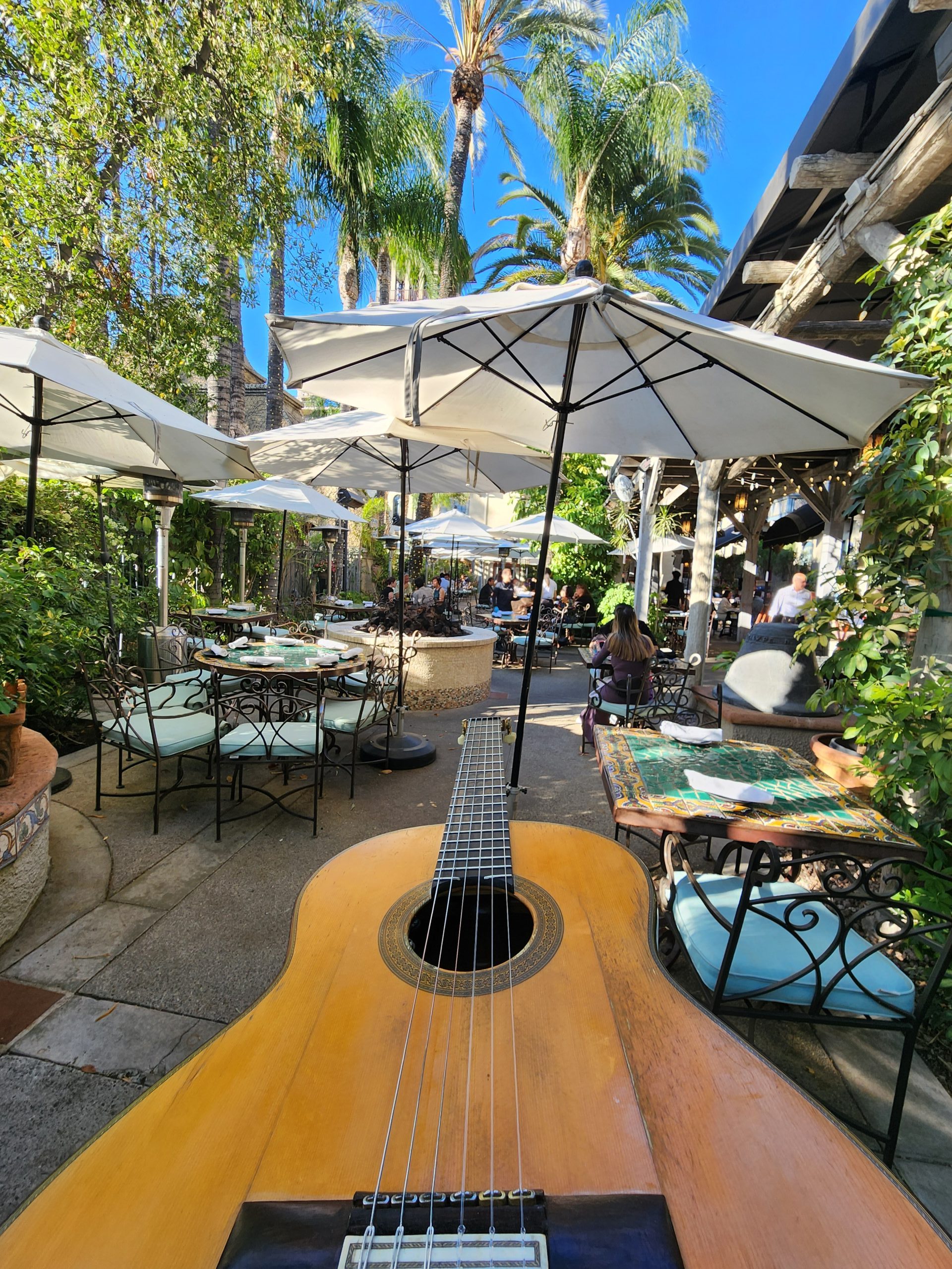 Sunlit outdoor terrace with umbrellas, palms and café tables seen past the body of a classical guitar